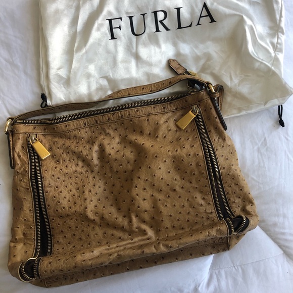 Furla Ostrich-Embossed Leather Satchel Bag - Picture 1 of 6